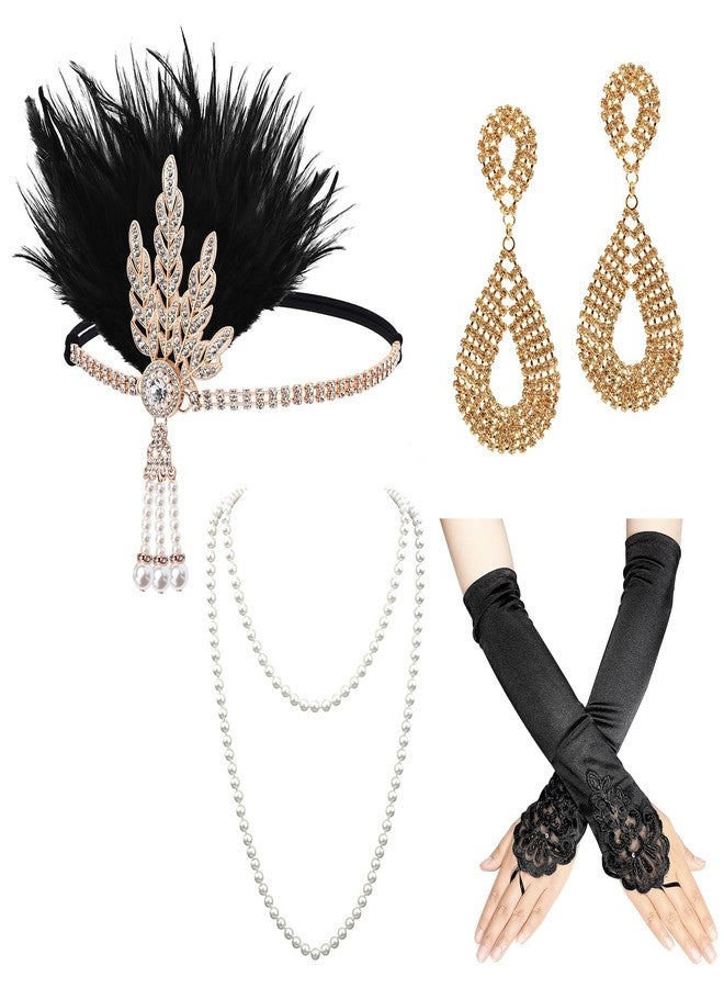 iHUFeather Women 1920s Flapper Set with Feather Headband Beaded Necklaces Earrings Black Gloves for Great Vintage Wedding Costume Accessories - Image 1